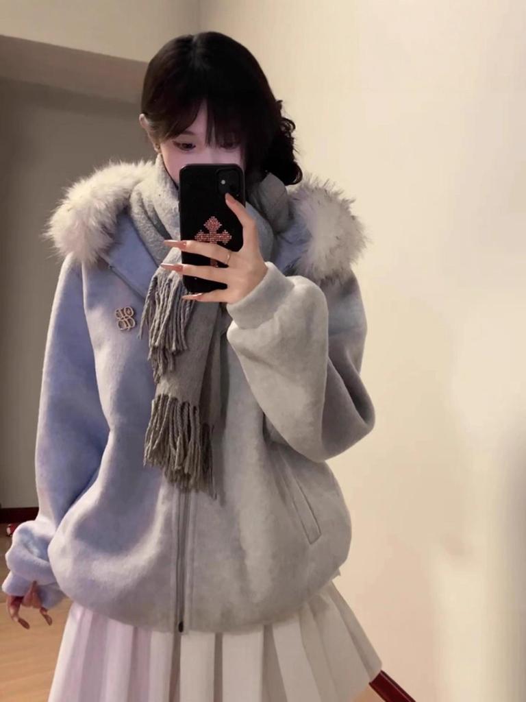 Women's High-End Quilted Woolen Coat with Fur Collar Hood and Thickening, Autumn/Winter Style