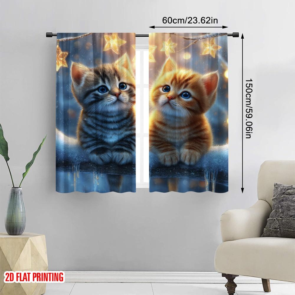 2pcs 2D flat printing Scene Curtains Winter Kittens Snow Stars Digital Printed Polyester Drapes Festive Wall Decor Use for