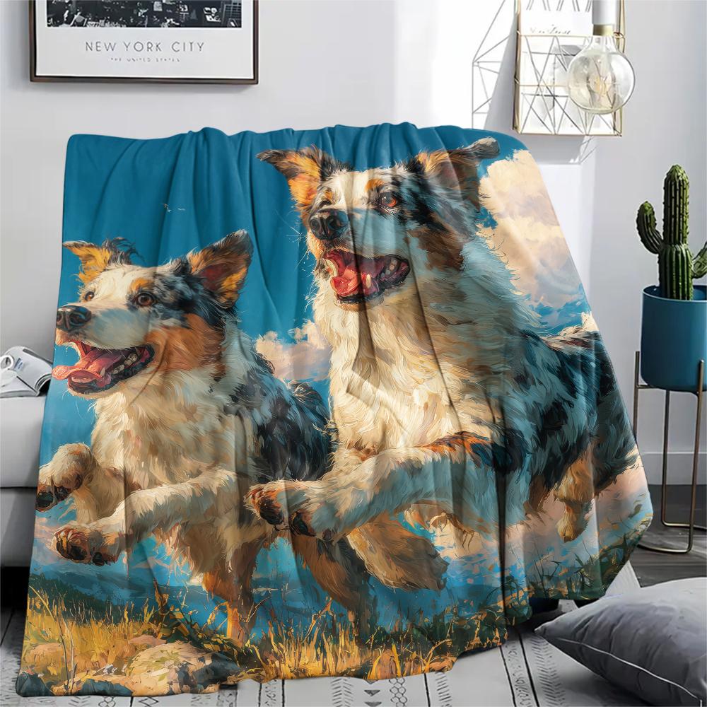 Two Australian Shepherds,pattern Flannel Blanket, High quality Comfortable for All Seasons, Home Decor, Warmth and Comfort, Perfect for Gifts.