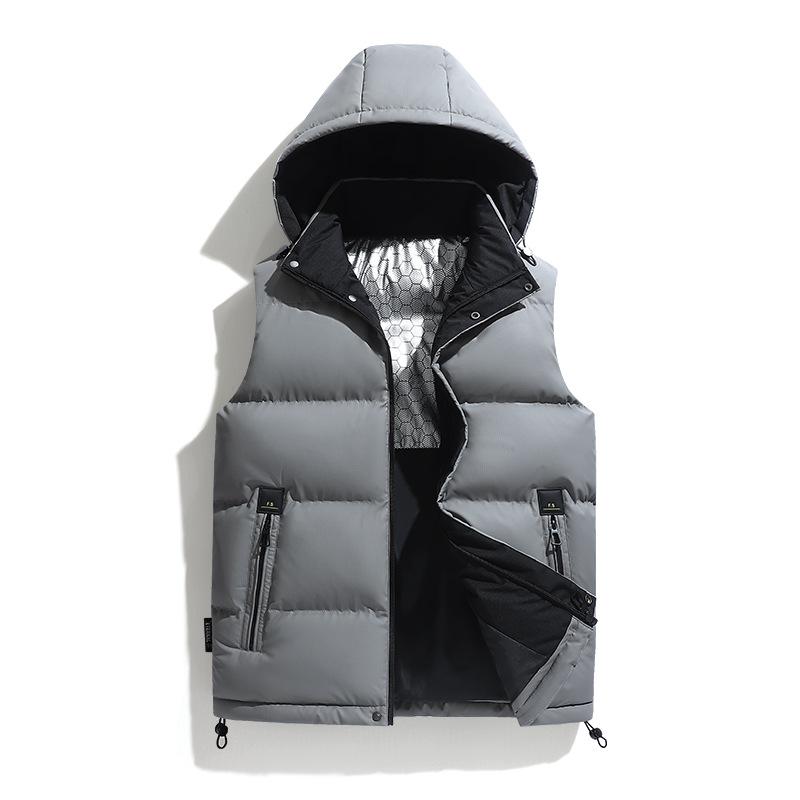 Autumn and winter new PU leather vest men's hooded vest down cotton jacket vest fashion thermal vest tide