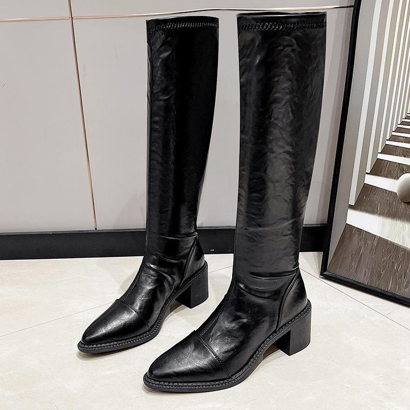 Korean version of temperament boots female pointed 2025 simple sleeve high boots but knee thick heel elastic knight boots