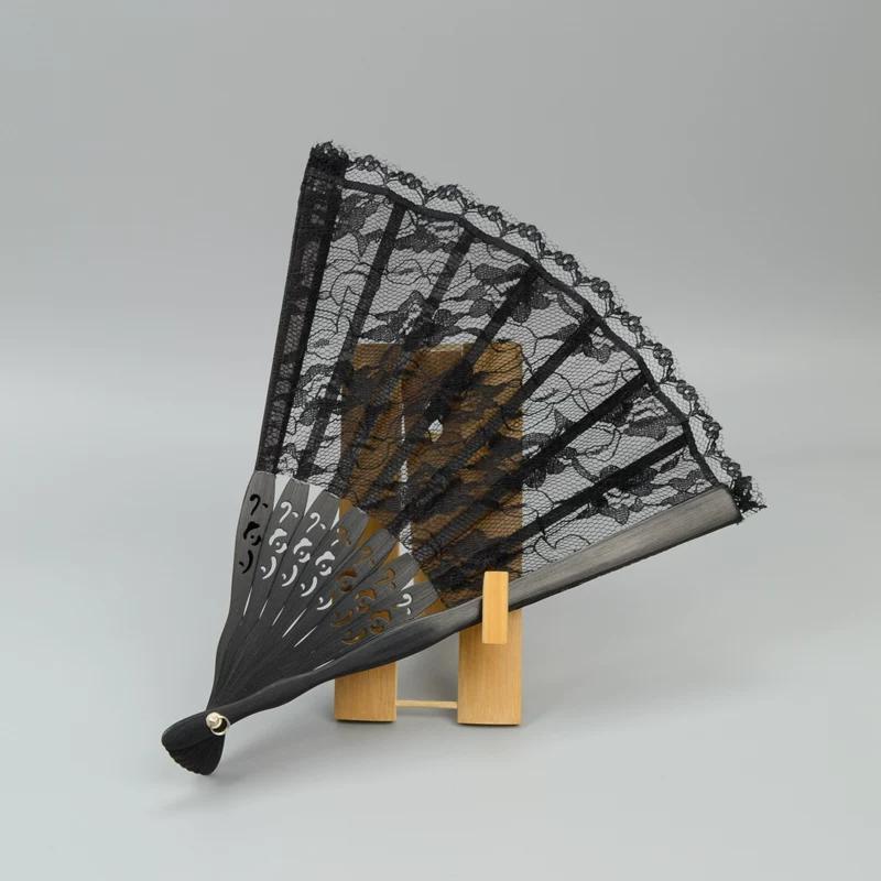 Mengyilian Black Chinese Style Lace Folding Fan Han Chinese Clothing Cheongsam Ju Jingyi Dance Handheld Women's Retro Style Fan
