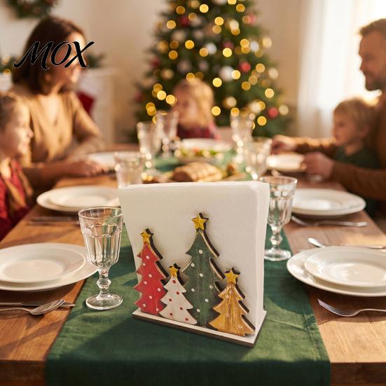 Kitchen Table Decoration Wooden Christmas Tree Napkin Holder, Freestanding Tissue Dispenser with Star And Snowflake Decor, Party Supplies Decorative