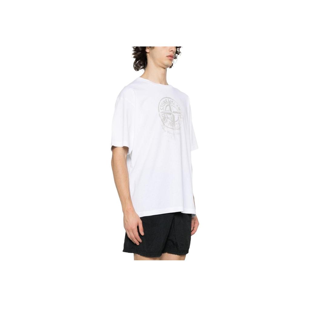STONE ISLAND T-shirt da Uomo SS24 a Maniche Corte con Girocollo e Logo Bussola Stampato Colore Unico Top Bianchi 80152RC87-V0001