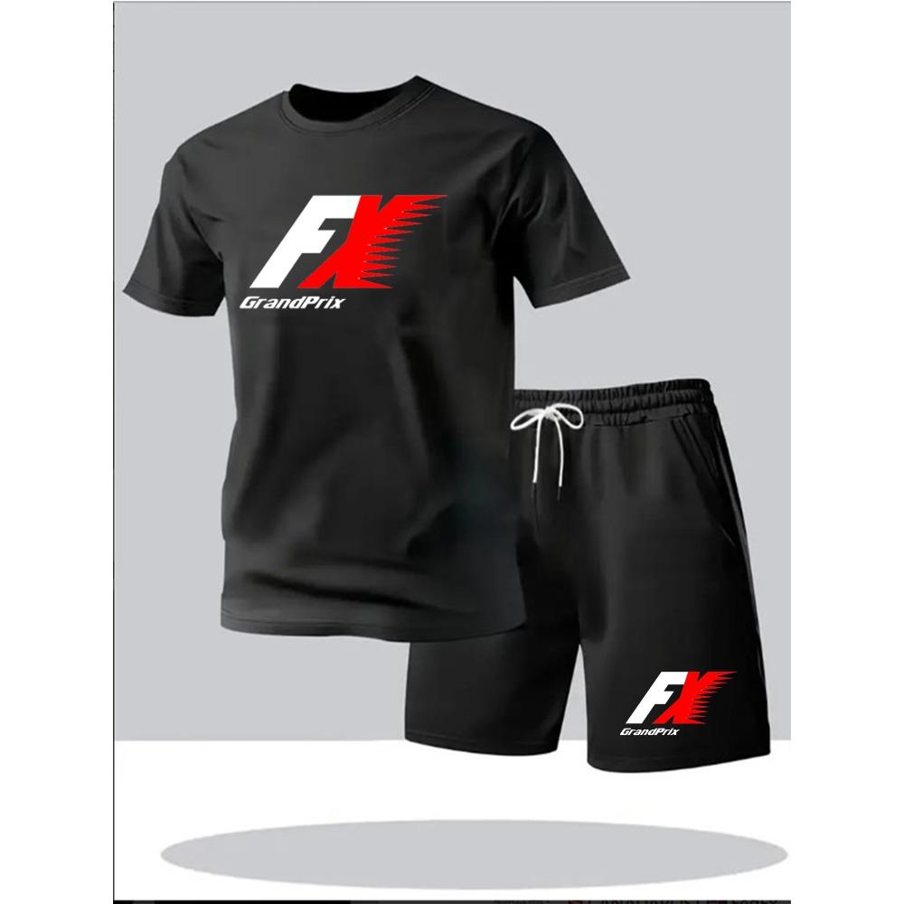 Men's Summer Casual T-shirt and Shorts Set, 3D Printed Sports Racing Fashion Set, Large Size Clothing