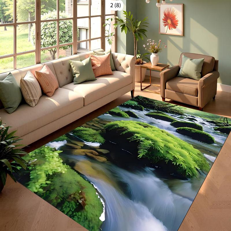 Rugs Forest Moss Shallow Stream Rug Carpet Mat Non-Slip for Living Room Bedroom Serene Home Decor