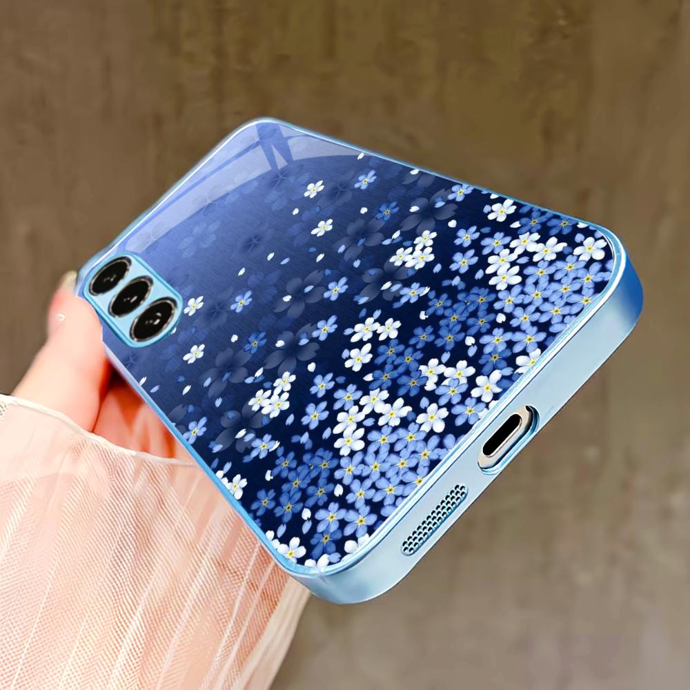 Blue white flowers PhoneCase for Samsung Galaxy S26 S25 S24 S23 S22 FE Ultra Plus Built-in glass feel bare machine Men women