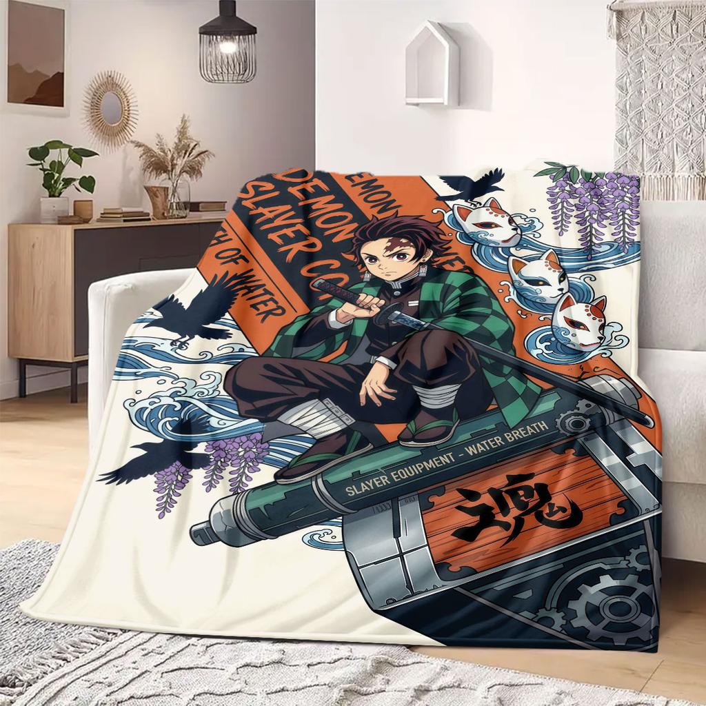 Demon Slayer Deluxe 2D Cartoon Flannel Blanket, Printed Art for Sofa, Soft Bedding for Travel Picnic Rug_LIAN