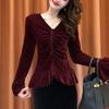 Autumn and Winter New Design Fashionable Pleated Temperament V-neck Slim Ruffle T-shirt Velvet Trumpet Top for Women