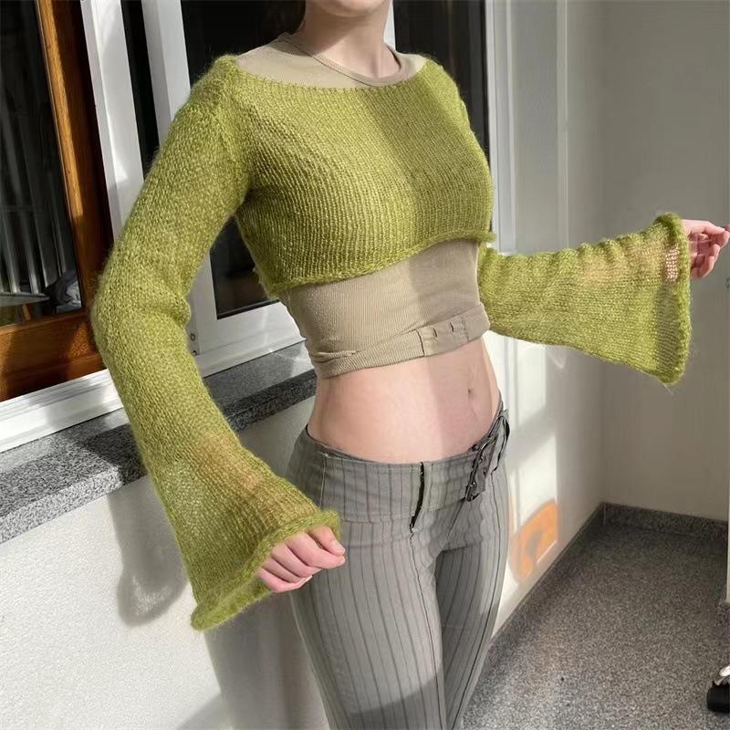 Women's Spring and Summer New Knitwear Flared Sleeve Loose  Round Neck Hollow Jumper