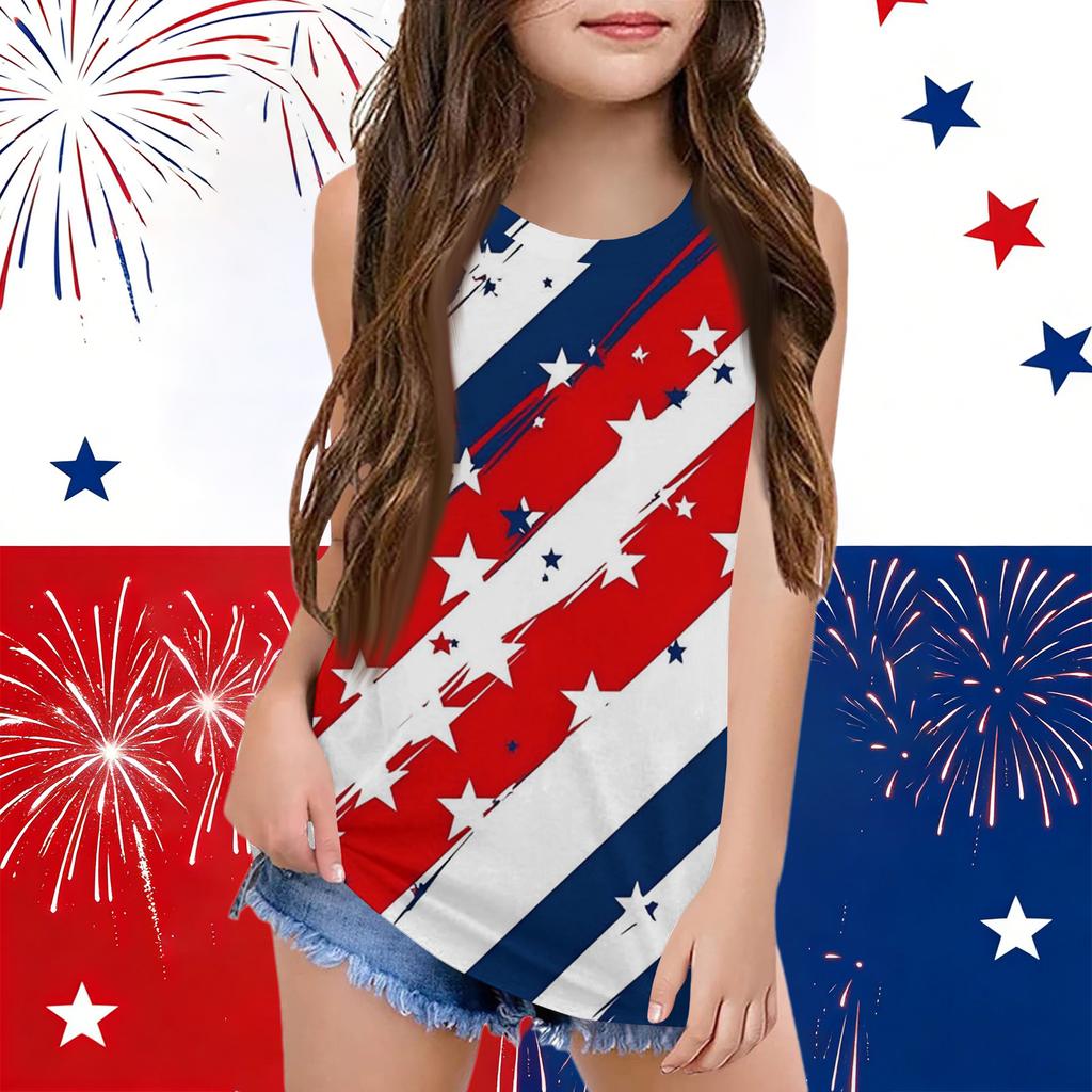 Girls  Kids Summer Crewneck Sleeveless Shirts Tank Tops Independence Day