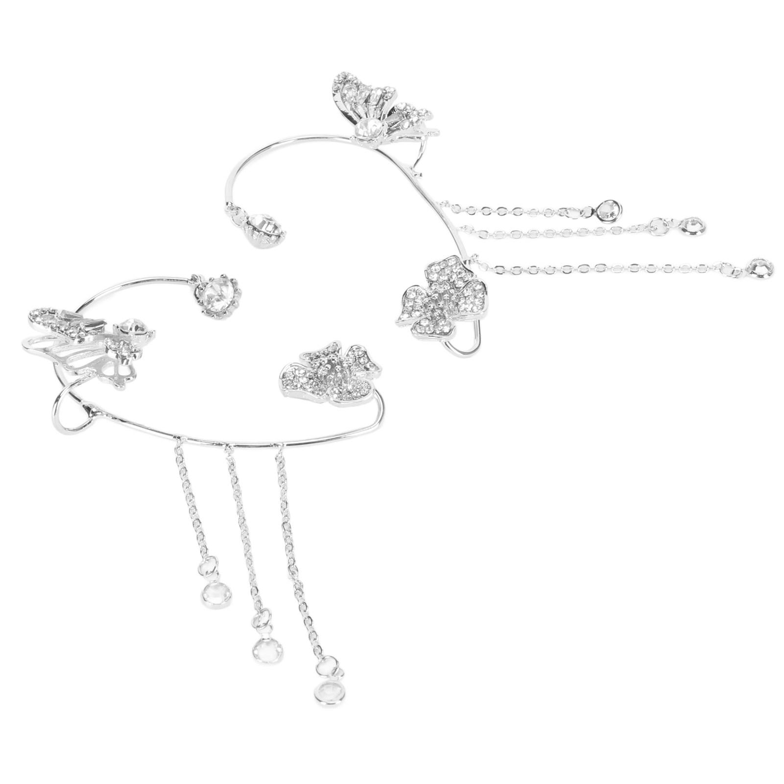 

1 Pair Zirconia Tassel Ear Clip Rhinestone Adjustable Shiny Earring Clip for Dating Silver