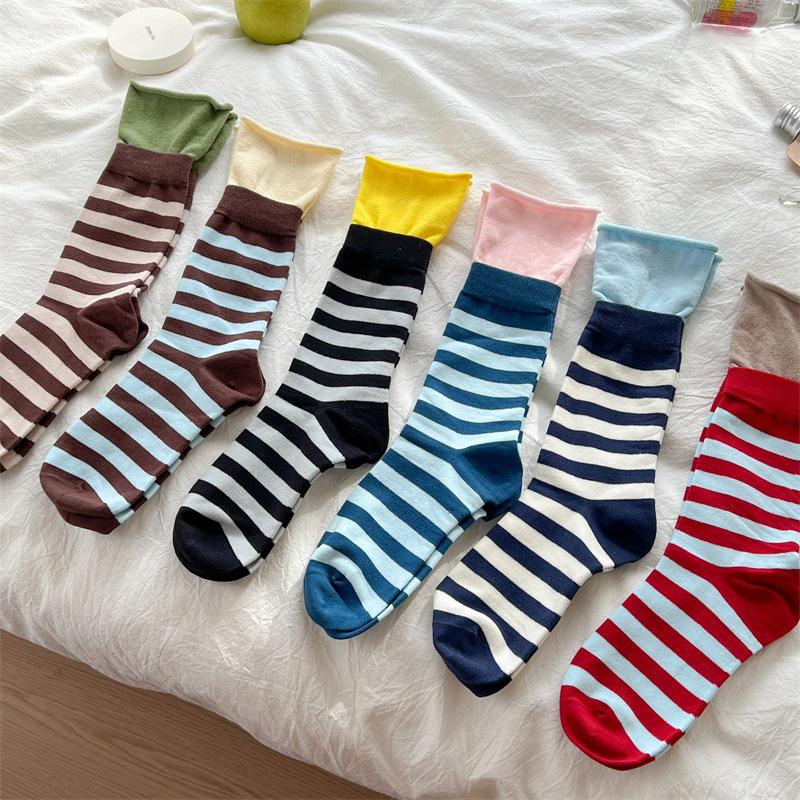 Retro Striped Socks Women Medium Tube Socks Spring And Autumn Cotton Stockings Korean Stockings Japanese Socken