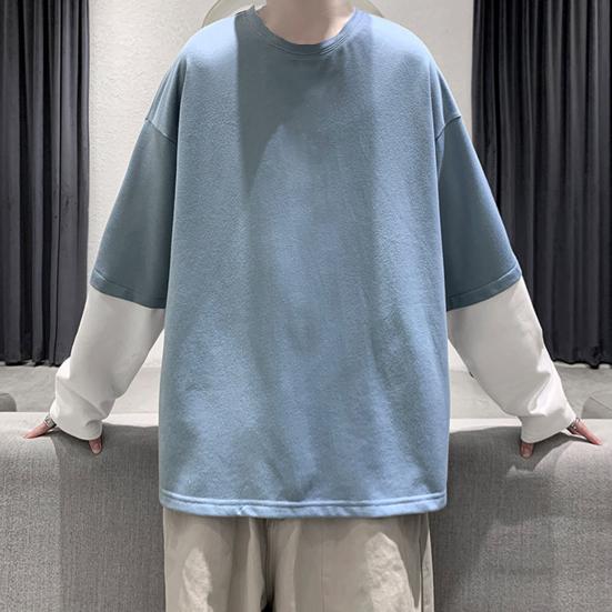 Men Autumn Tops Fake Two-pieced Color Block Pullover Contrast Colors Round Neck Loose Young Style Casual Crew Neck Spring Tops Men Clothes