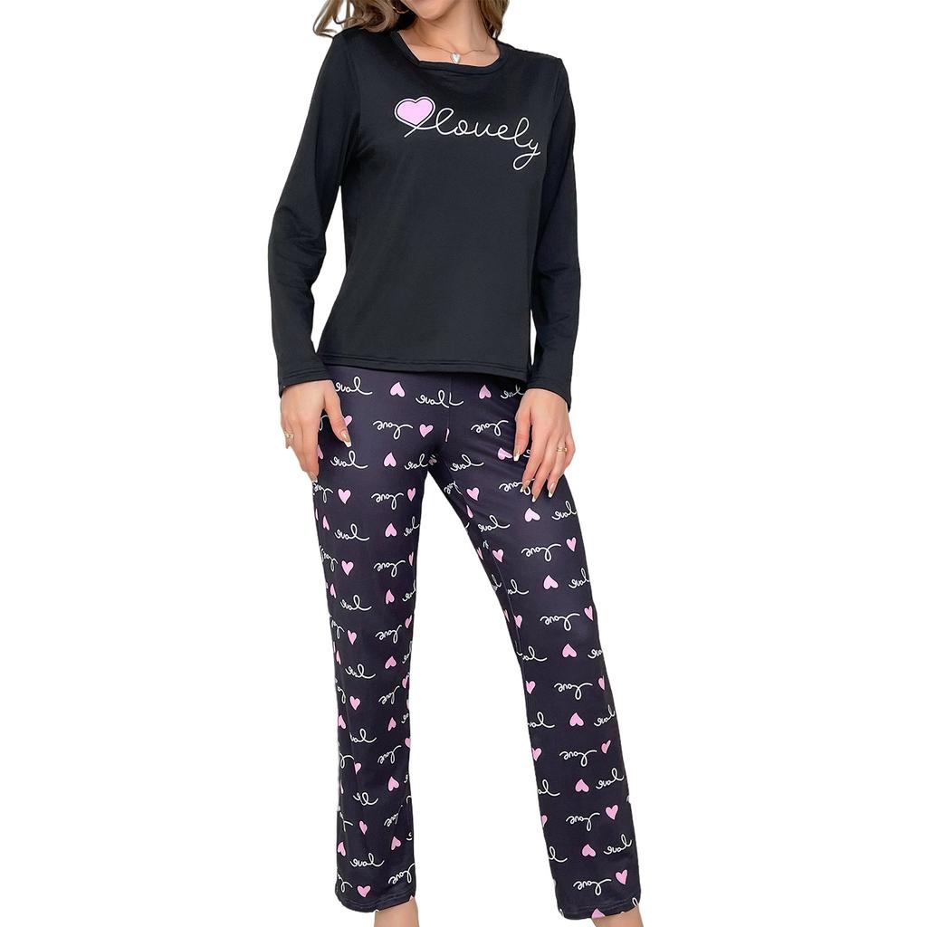 Women Plaids Patterned Loungewear 2 Pieces Outfits Long Sleeve Pajamas Tops and Long Pants Summer Sleepwear Nightwear