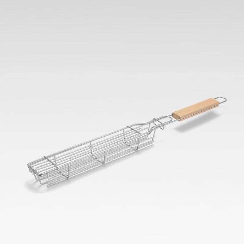 Barbecue Cage Outdoor Camping Barbecue Net Square BBQ Skewers Basket Wooden Handle Meat and Vegetable Barbecue Tube BBQ Tools