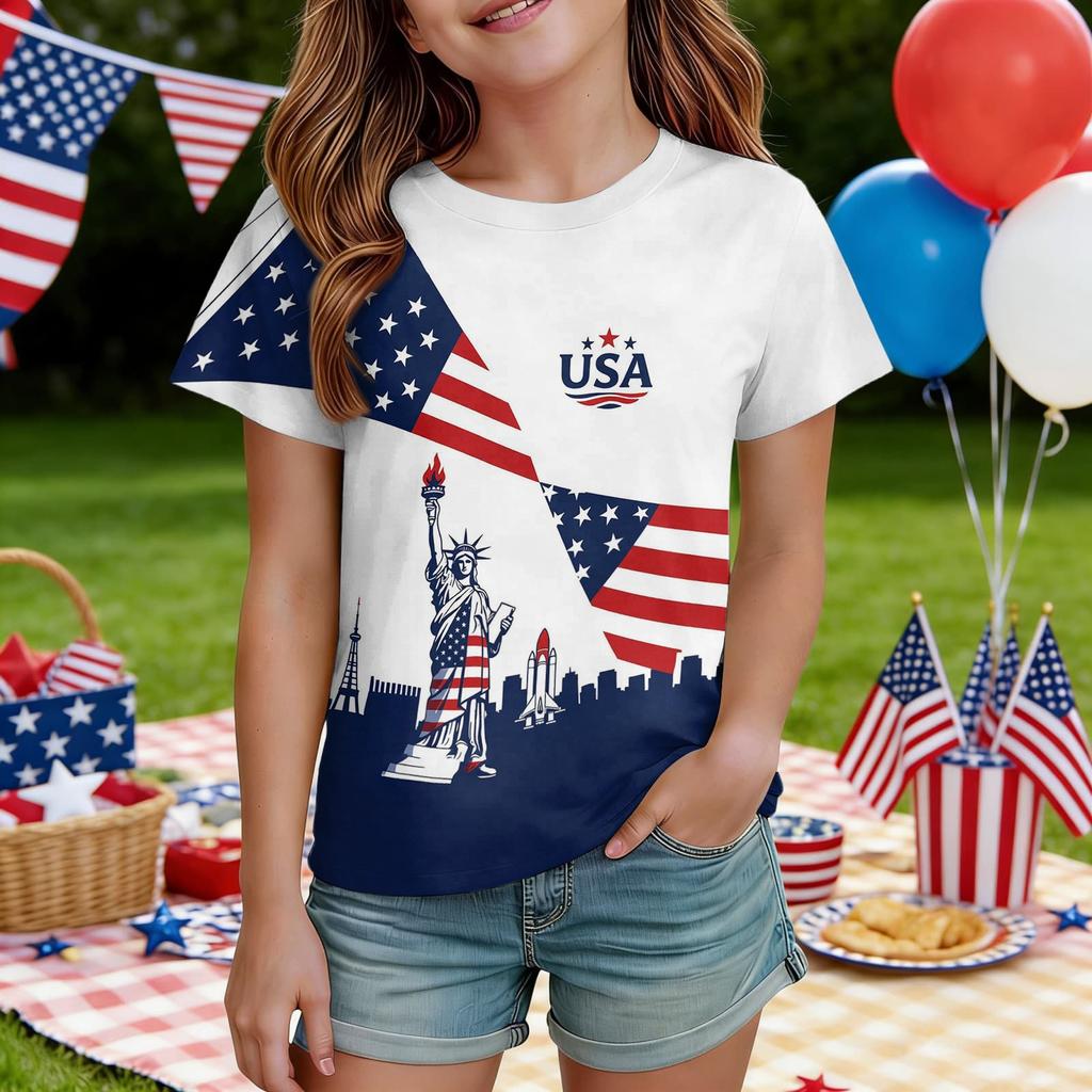 Kids Independence Day Print Round Neck Short Sleeve Casual T-shirt