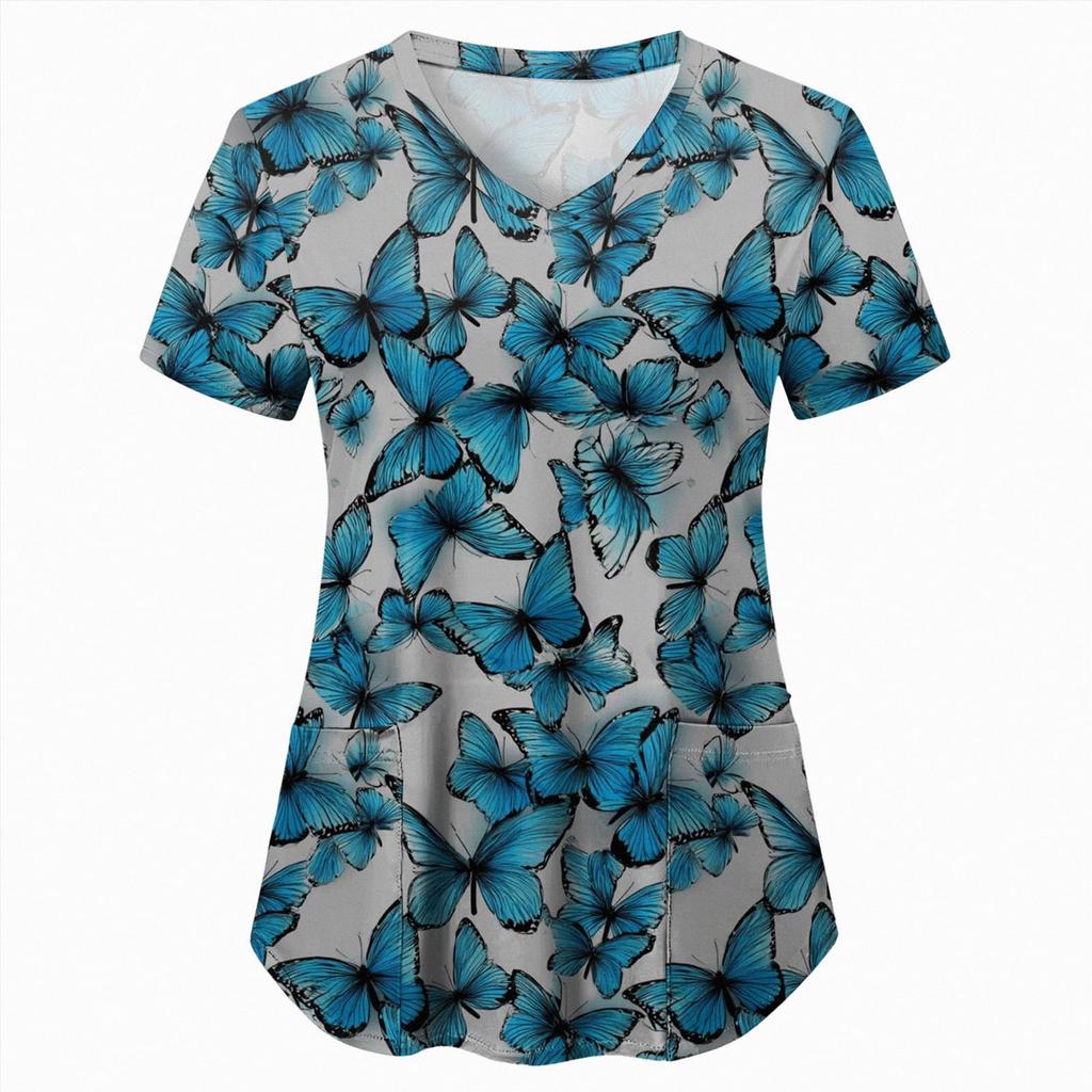 Uniforme Sanitario Enfermera Clínica Enfermería Mariposa Ropa de Trabajo Hospital Camiseta Camiseta Manga Corta Blusa Cuidadora Mujeres Trabajadoras Médico