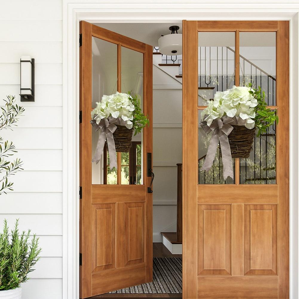 Spring Artificial Hydrangea Flower Basket with Rattan Embroidery Ball for Farmhouse Front Door or Garden Decoration