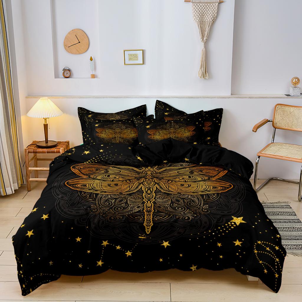 3 Pieces Luxury Gold Mandala Dragonfly Starry Sky Print Duvet Cover Set, Dark Black Ornate Dragonfly Golden Star Pattern Bedding