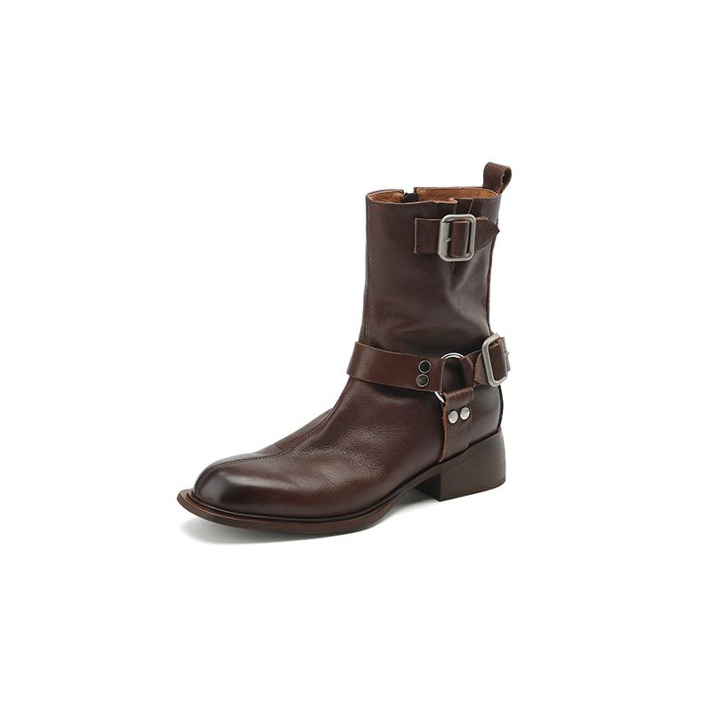 Fashion 2024 Autumn Women Boots Genuine Leather Women Shoes Round Toe Chunky Heel Boots Winter Modern Boots Mid-calf Platform Boots