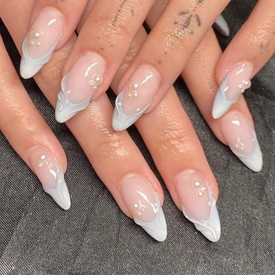 French Nail Patch Abnehmbarer Nagel Dreidimensionaler Ocean Wear Nail Pearl Nail Patch Fairy Diamond 24 Stück