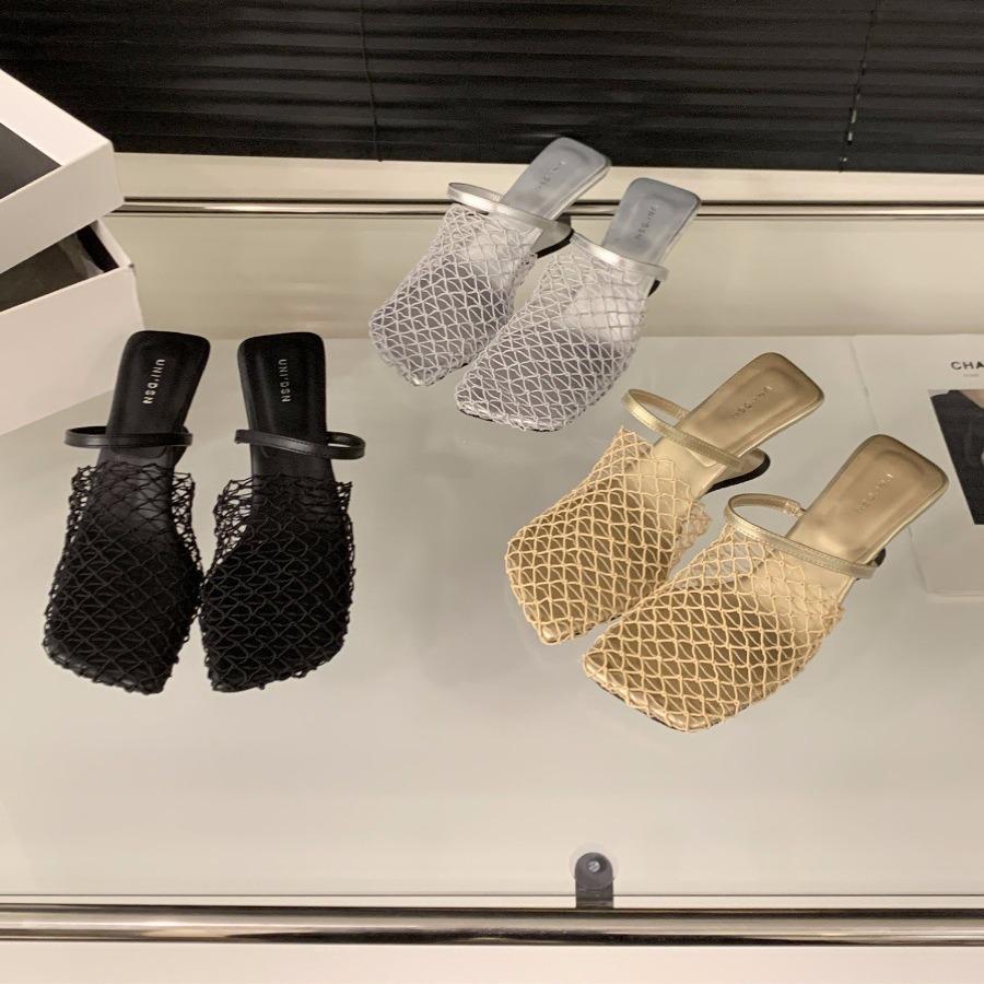 Internet celebrity slope heel mesh bag head half slippers women's shoes wear 2025 new summer breathable sandals