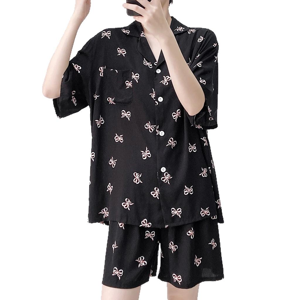 Summer cotton silk pajamas women's thin short-sleeved cardigan cute bow can be worn outside artificial cotton loungewear set