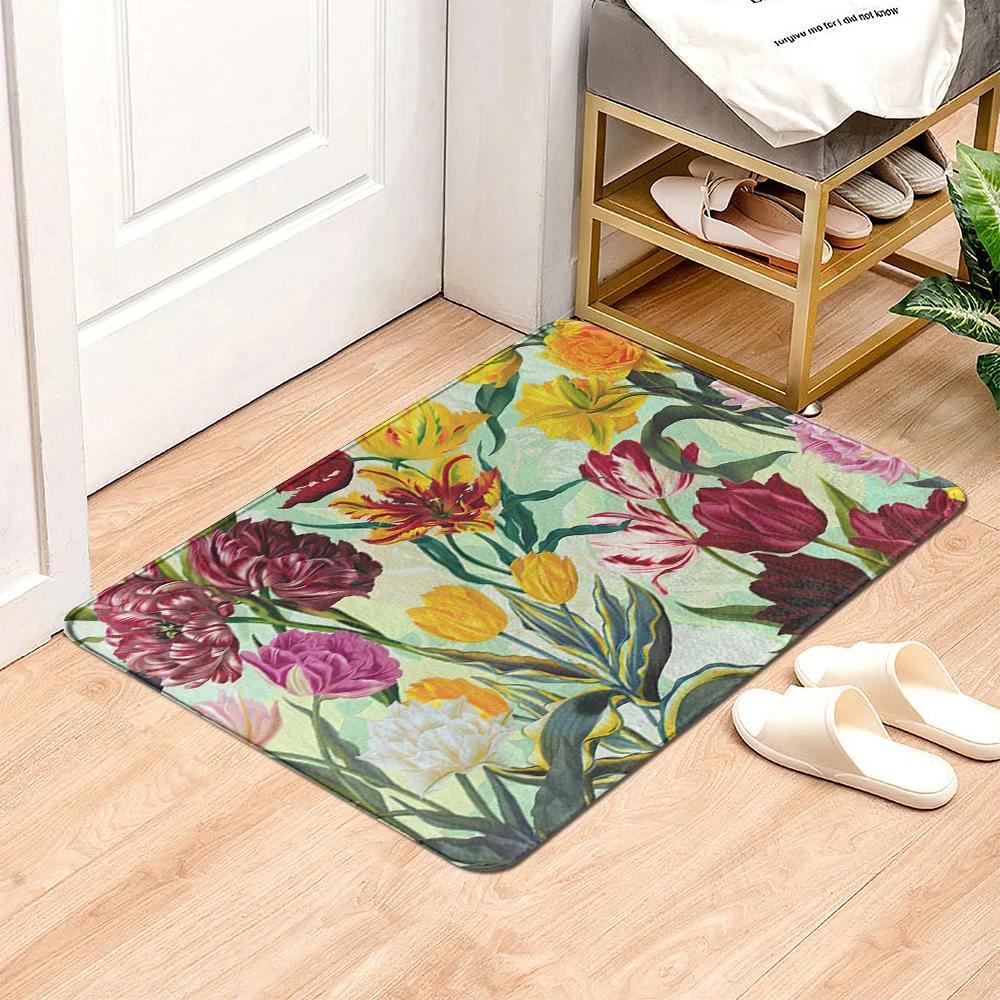 Beautiful Flowers Entrance Door Floor Mat Door Mat Non-Slip Foot Pad Home Welcome Carpet for Hallway Bath Kitchen Doormat