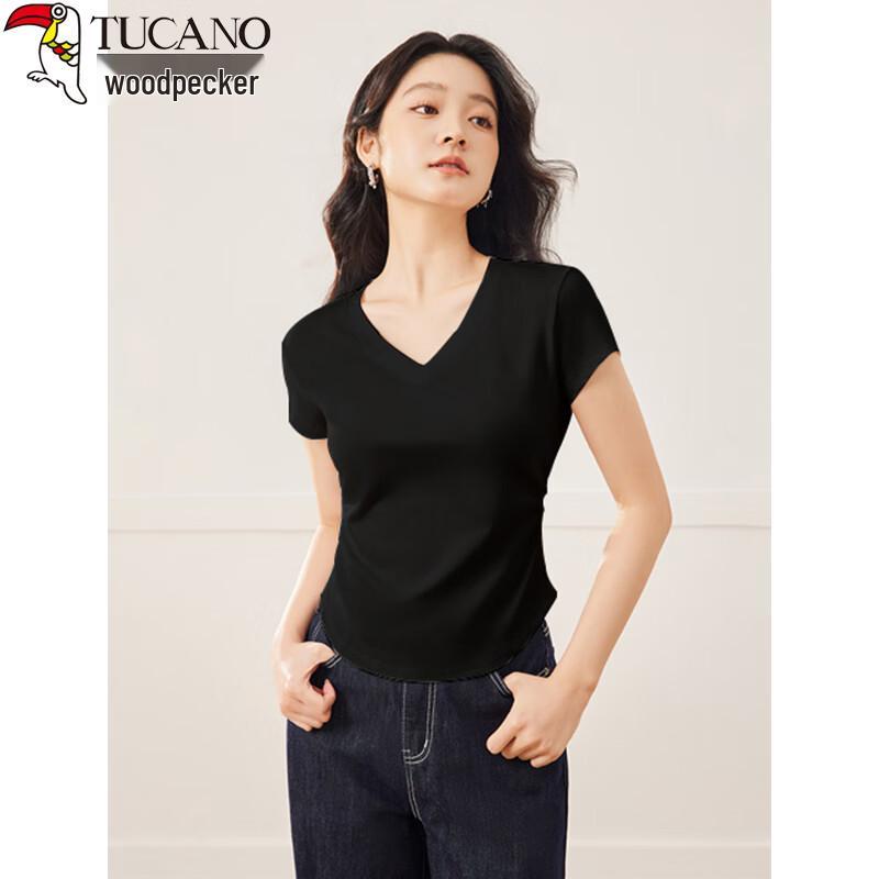 Woodpecker 2025 Summer Women s V-Neck Slimming Cotton T-Shirt L