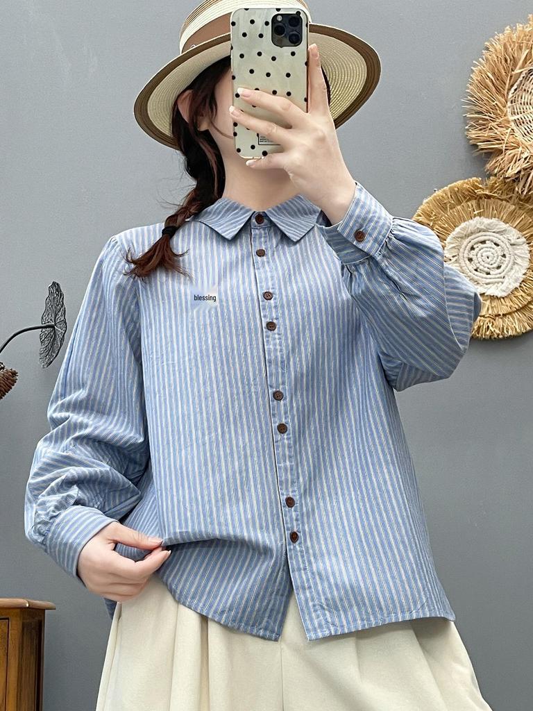 Women's Japanese Style Vertical Stripe Long Sleeve Shirt with Chic Floral Embroidery - High Quality Cotton Base Layer