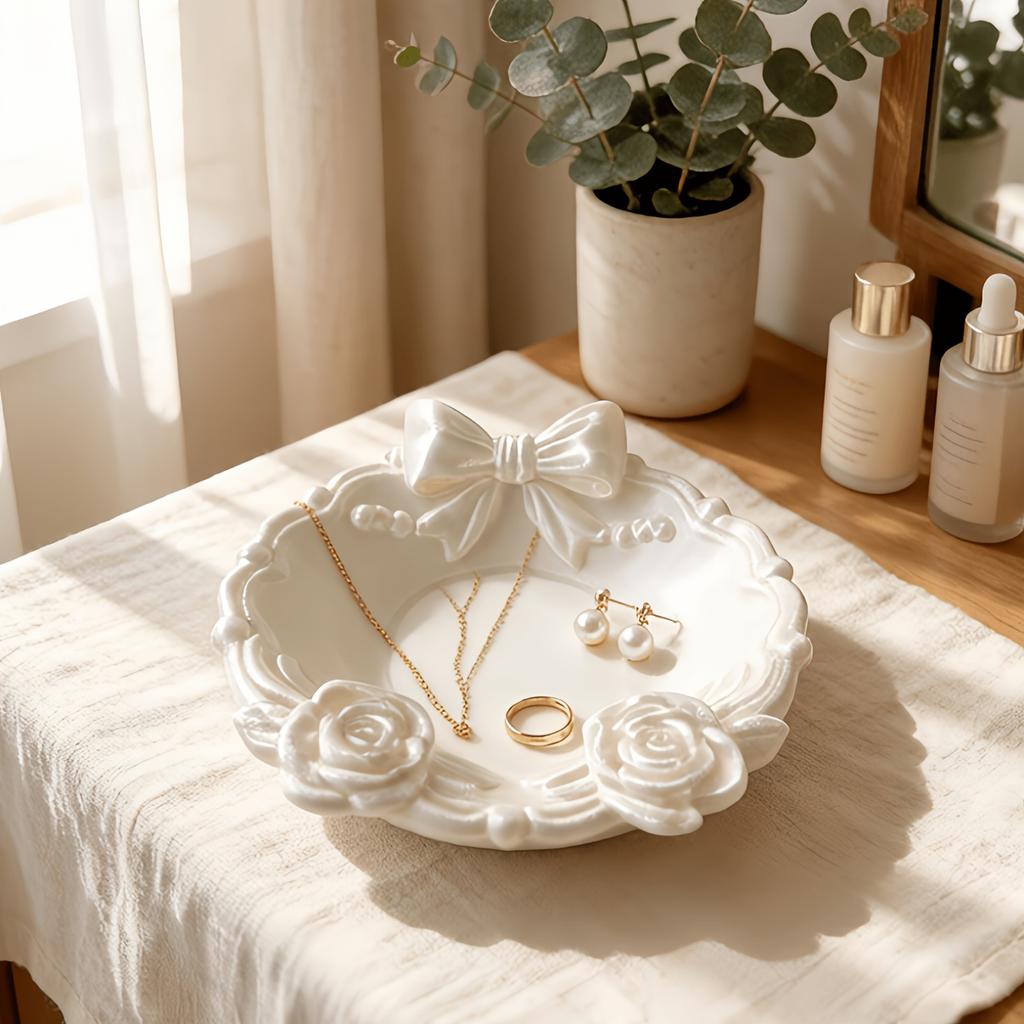 1Pc 3D Printed Pearl White Bow Rose Tray Vintage Embossed French Light Luxury Jewelry Storage Tray Dressing Table Decorative Plate, Rose Bow