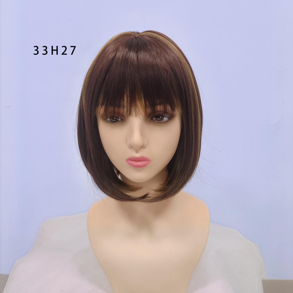12-inch Short Straight Bangs Wig for Women - European & American Style Synthetic Bob