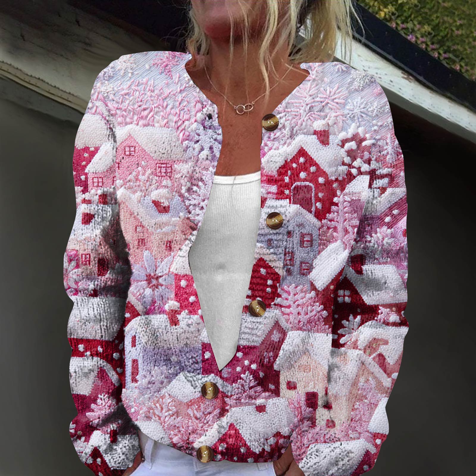 

Женская модная принтованная куртка с длинным рукавом и вязанным кардиганом на пуговицах XXXL розовый