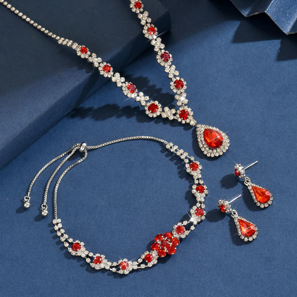 4PC Women's Fashion Waterdrop Geometric Flower Necklace Earrings Bracelet Zircon Set Design Versatile Zircon