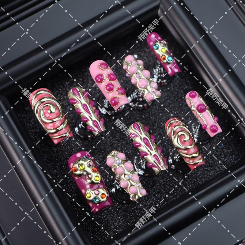 3D Embossed Floral Press-On Nails In Dusty Rose PMMA Acrylic Long Square Tips Women Sweet Punk Chic Style L Includes 3-piece set: nail tips, glue, file