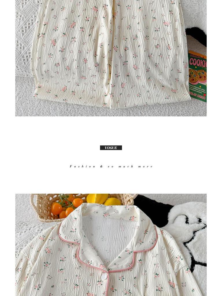 Women's High-End Crinkle Fabric Pajama Set - Long-Sleeved, Long Pants, Autumn Cardigan, Sweet Floral Pattern, Suitable for Outdoor and Home Wear.