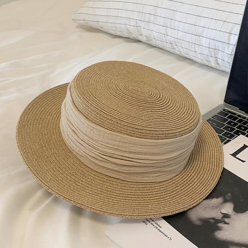 

Шляпа от солнца с плоским верхом, маленькими полями и широкой лентой, защита от солнца, для морского отдыха, соломенная шляпа, универсальная шляпа для шопинга, женская Adult (56-58cm) бежевый