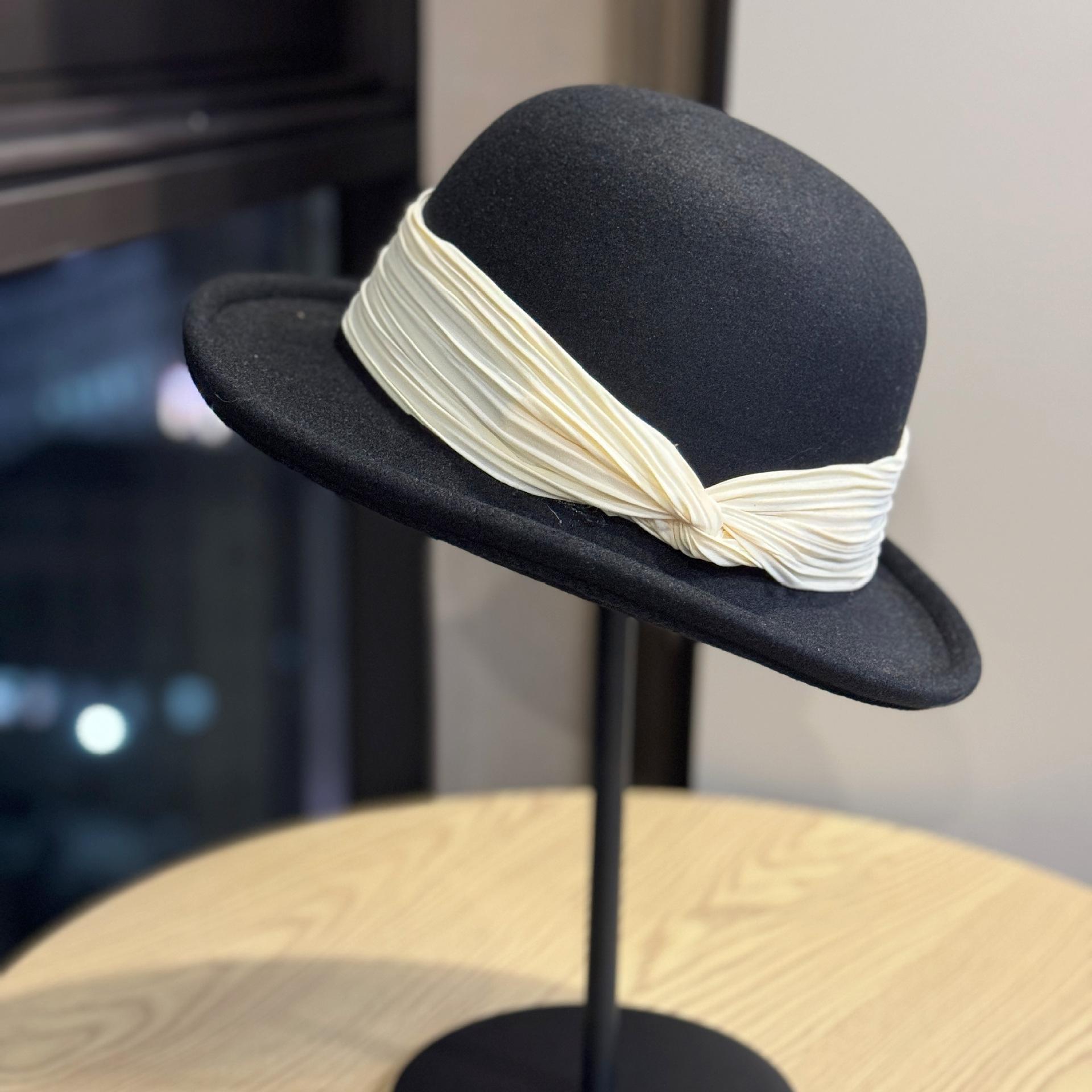

French-style wool felt bucket hat with rolled edges for women, fashionable British retro hat for spring, autumn, and winter Adult54-60Adjustable чёрный