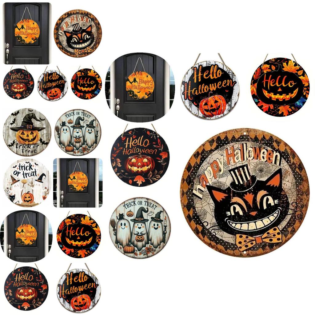 Contemporary Round Wooden Decor Sign For Halloween With Charming Black Cat Pumpkin And Ghost Motifs