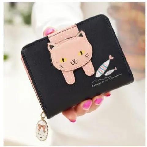 Women's Wallet Short Card Holder Bag Cute Zipper Cartoon Cat Eating Fish Print Student Wallet Coin Purse Girls Wallet