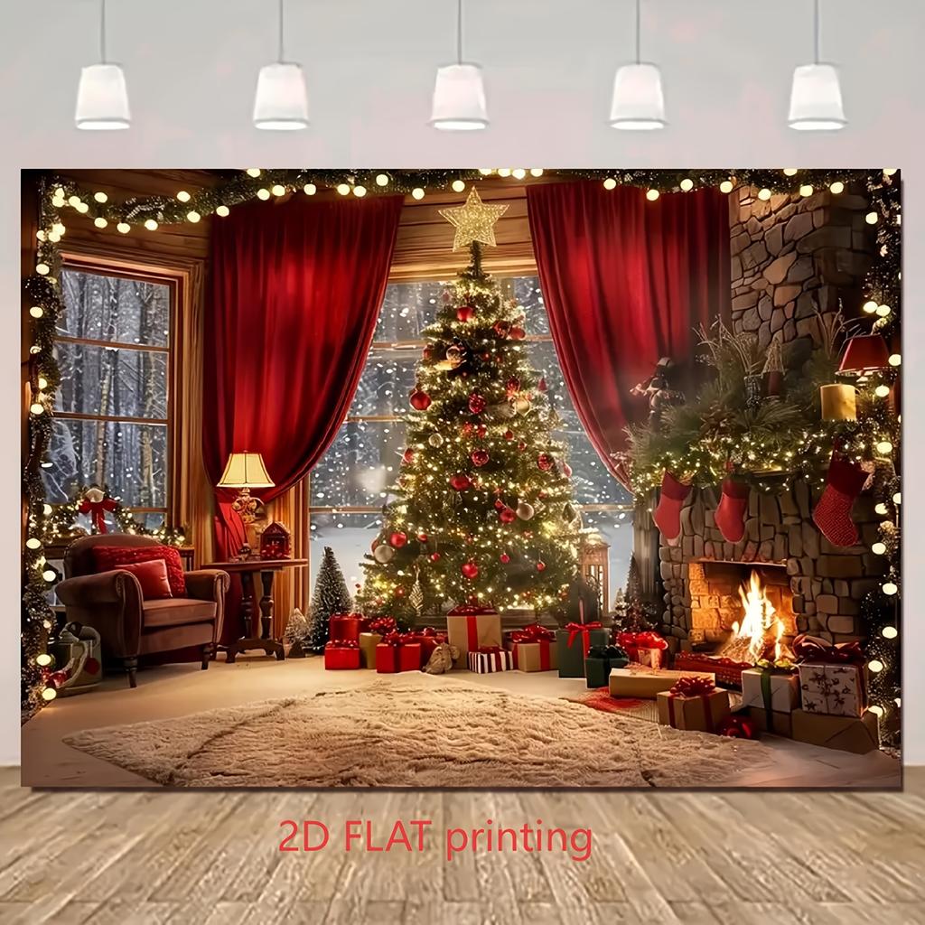 2D FLAT1PC Winter Christmas Background Cloth, Warm Room Christmas Tree Gift Box, Fireplace Design Background