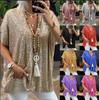 Maglietta a maniche corte con scollo a V e paillettes da donna, stile casual urbano, 2025