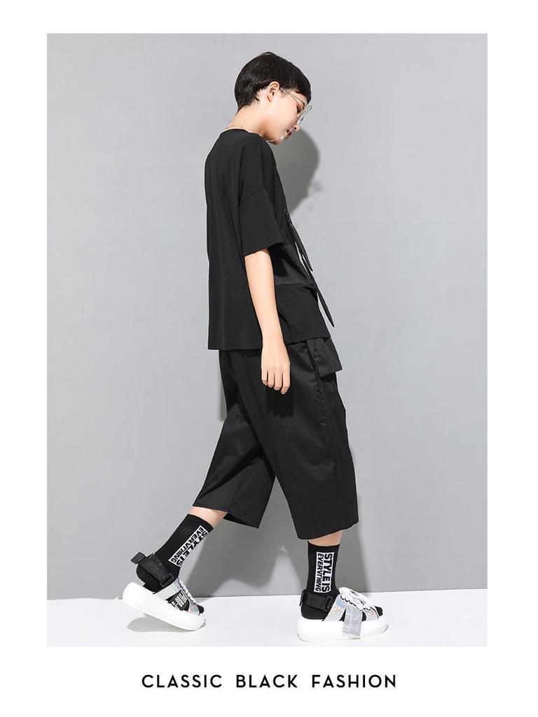 Evropské a americké dámské letní gotické patchworkové tričko, kulatý výstřih, krátký rukáv, trendy BF styl streetwear.