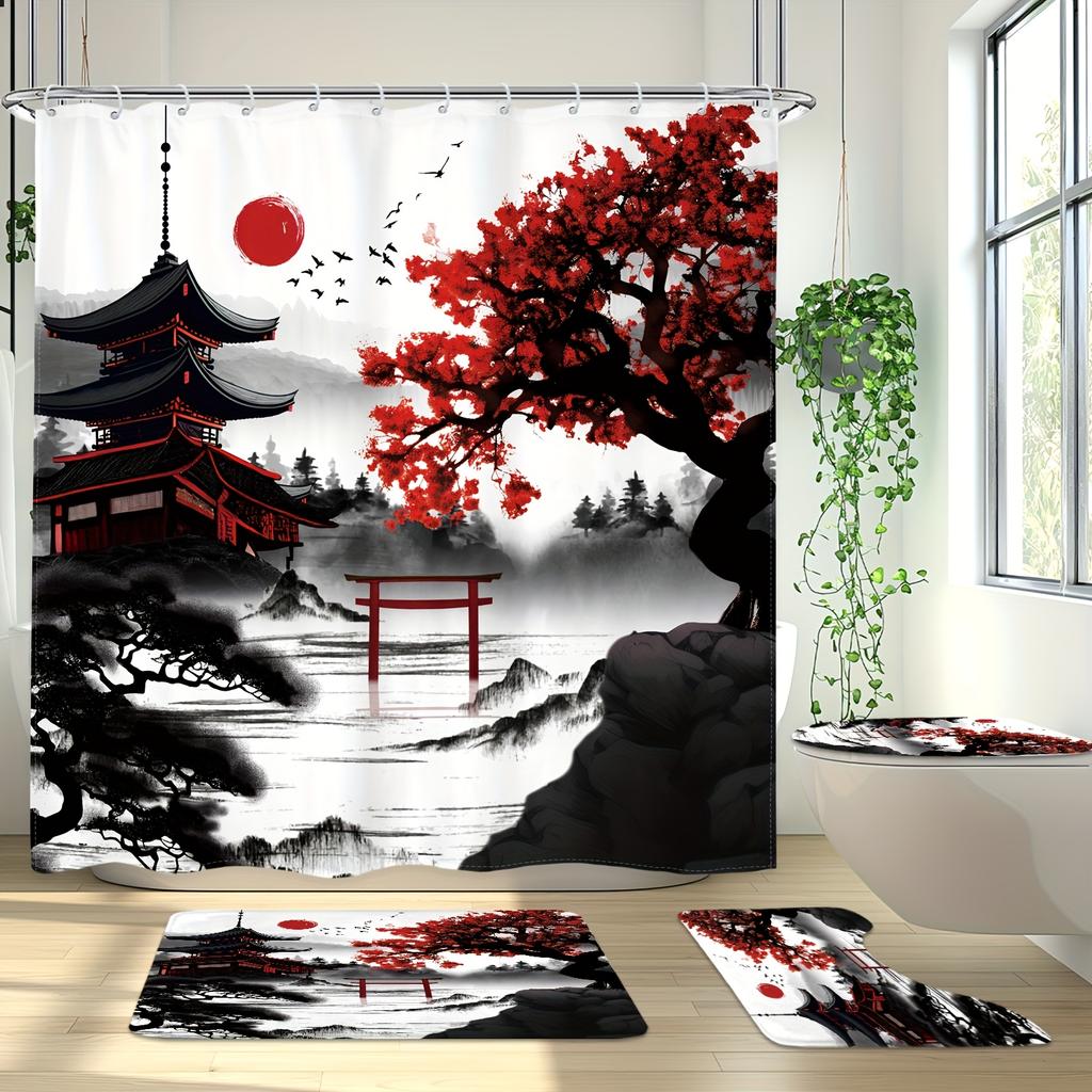 4 szt. - Zestaw zasłony prysznicowej z japońskimi kwiatami wiśni, Akwarelowe czarno-czerwone kwiaty Azjatycki Chiński Góra Słońce Anime Nowoczesna Łazienka