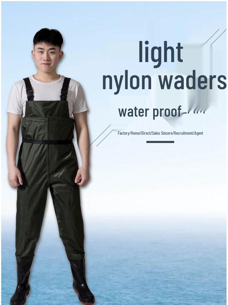 Men's Waterproof Fishing Gear: Rain Pants with Boots, Half-Body Suit, Leather Fork, Full-Body Water Shoes.