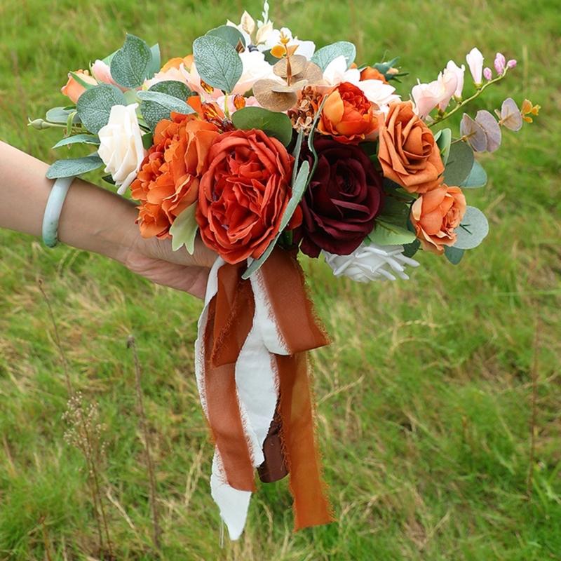 Realistic Caramel Bridal Bouquets Artificial Roses Fall Wedding Decoration Handmade Silk Flower For Home Elegant Party