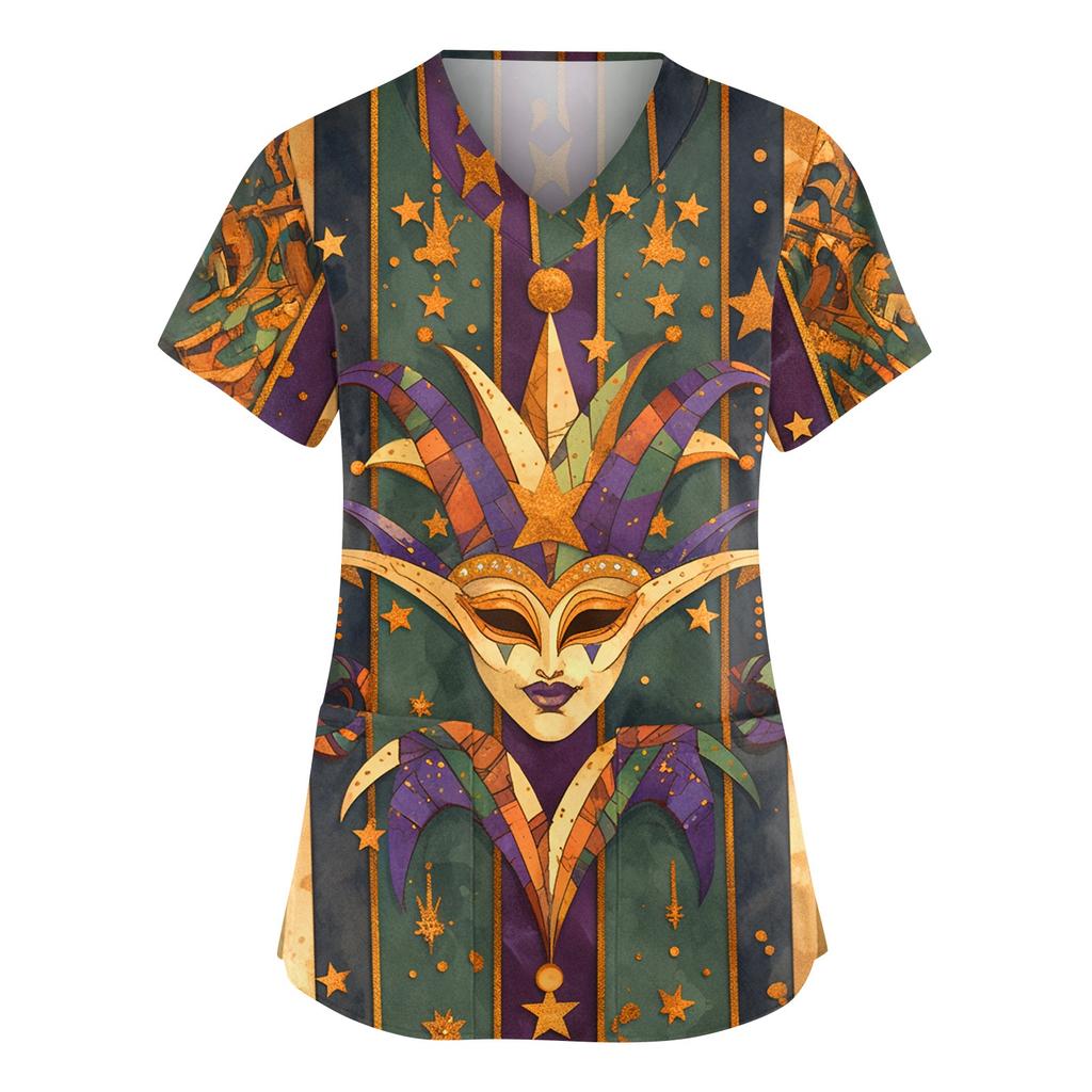 Damen Modische V-Ausschnitt Arbeitskleidung Bedruckt Kurzärmlig Tasche Seitenschlitz Arbeitskleidung Basic Pullover Top