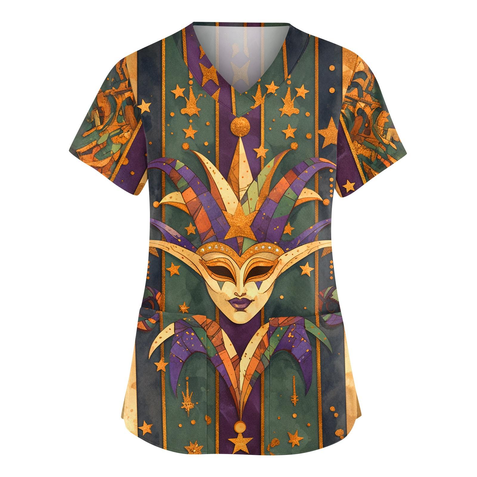 Women s Fashionable V-neck Workwear Printed Short Sleeved Pocket Side Slit Workwear Basic Pullover Top L армия зеленый