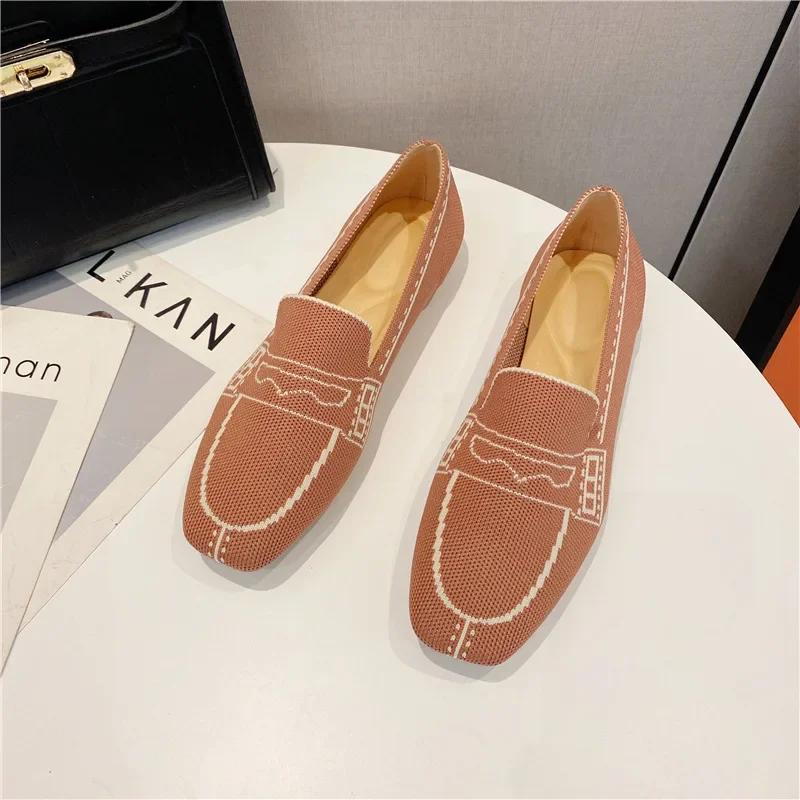 Fashion Autumn Weaving Princess Shoes Fashion Square Toe Casual Ballet Flats Shoes Women's Knitted Flat Bottom Soft Sole Walking Shoes